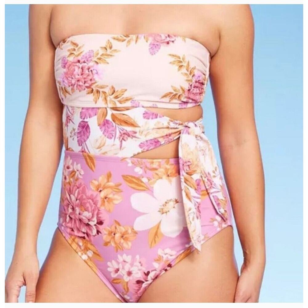 Kona Sol Floral Swimsuit One Piece Strapless Tie Side